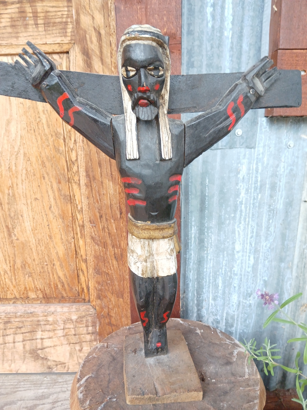 Hand-Carved Black and Red Wooden Crucifix Home Art